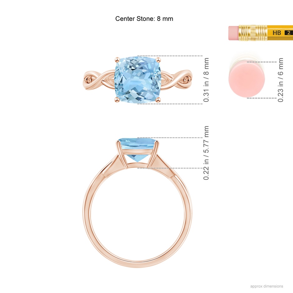 8mm AAAA Claw-Set Cushion Aquamarine Solitaire Engagement Ring in Rose Gold ruler