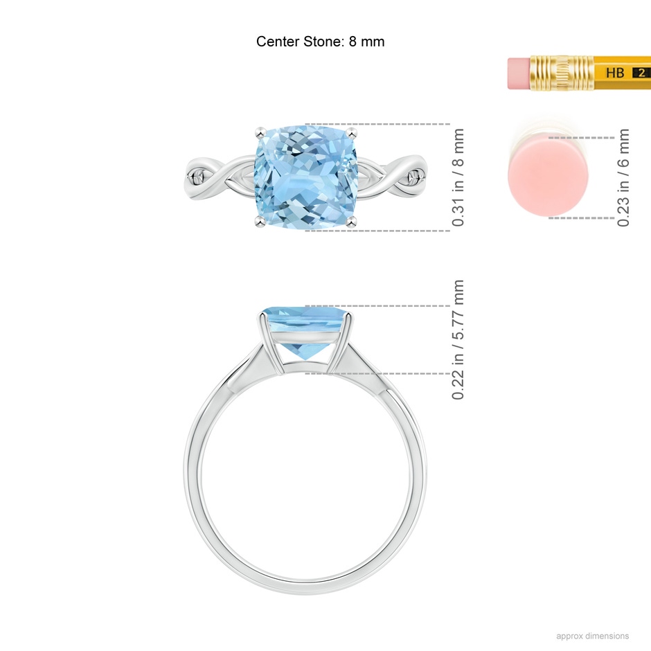 8mm AAAA Claw-Set Cushion Aquamarine Solitaire Engagement Ring in White Gold ruler