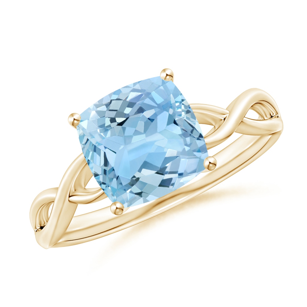 8mm AAAA Claw-Set Cushion Aquamarine Solitaire Engagement Ring in Yellow Gold