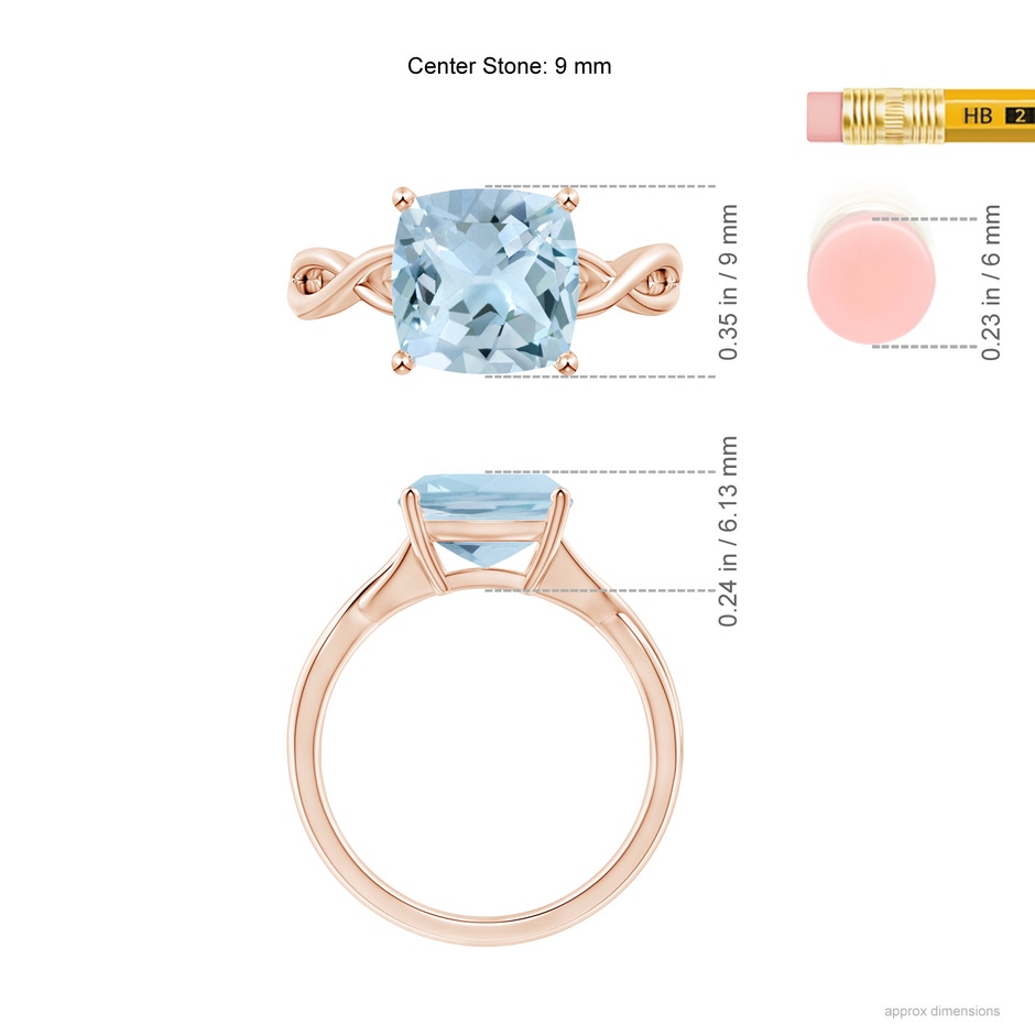 9mm AA Claw-Set Cushion Aquamarine Solitaire Engagement Ring in 18K Rose Gold ruler