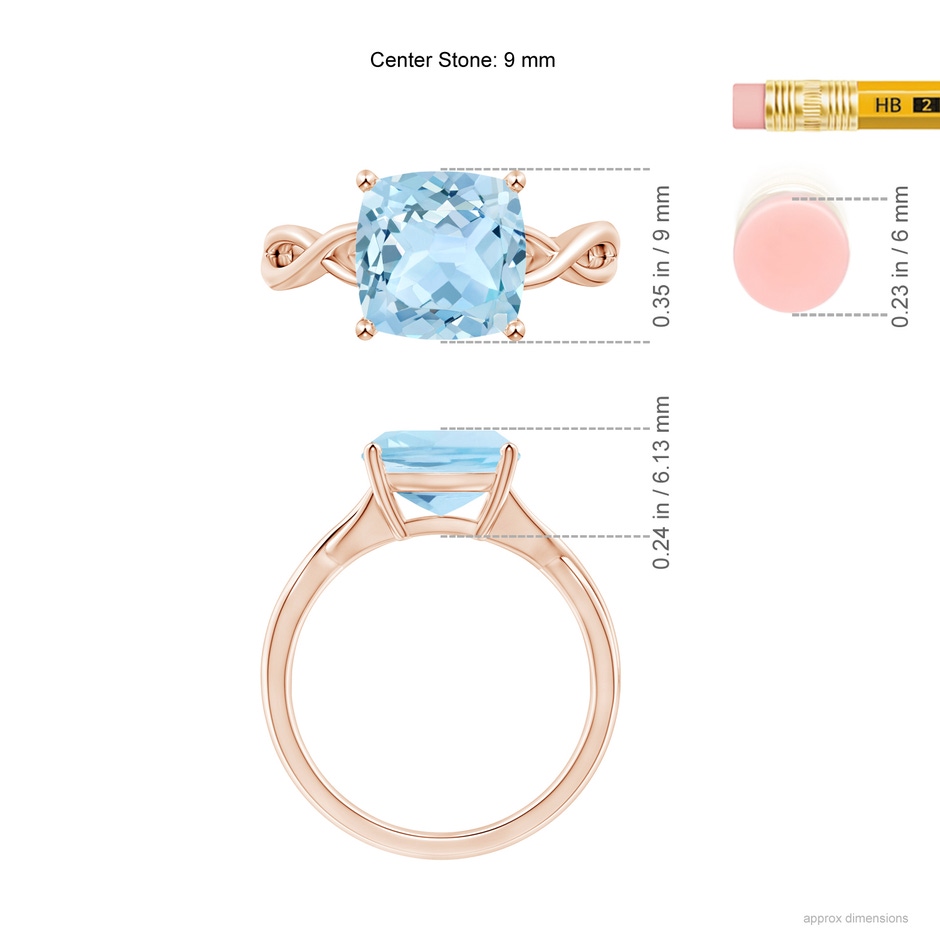 9mm AAA Claw-Set Cushion Aquamarine Solitaire Engagement Ring in 18K Rose Gold ruler