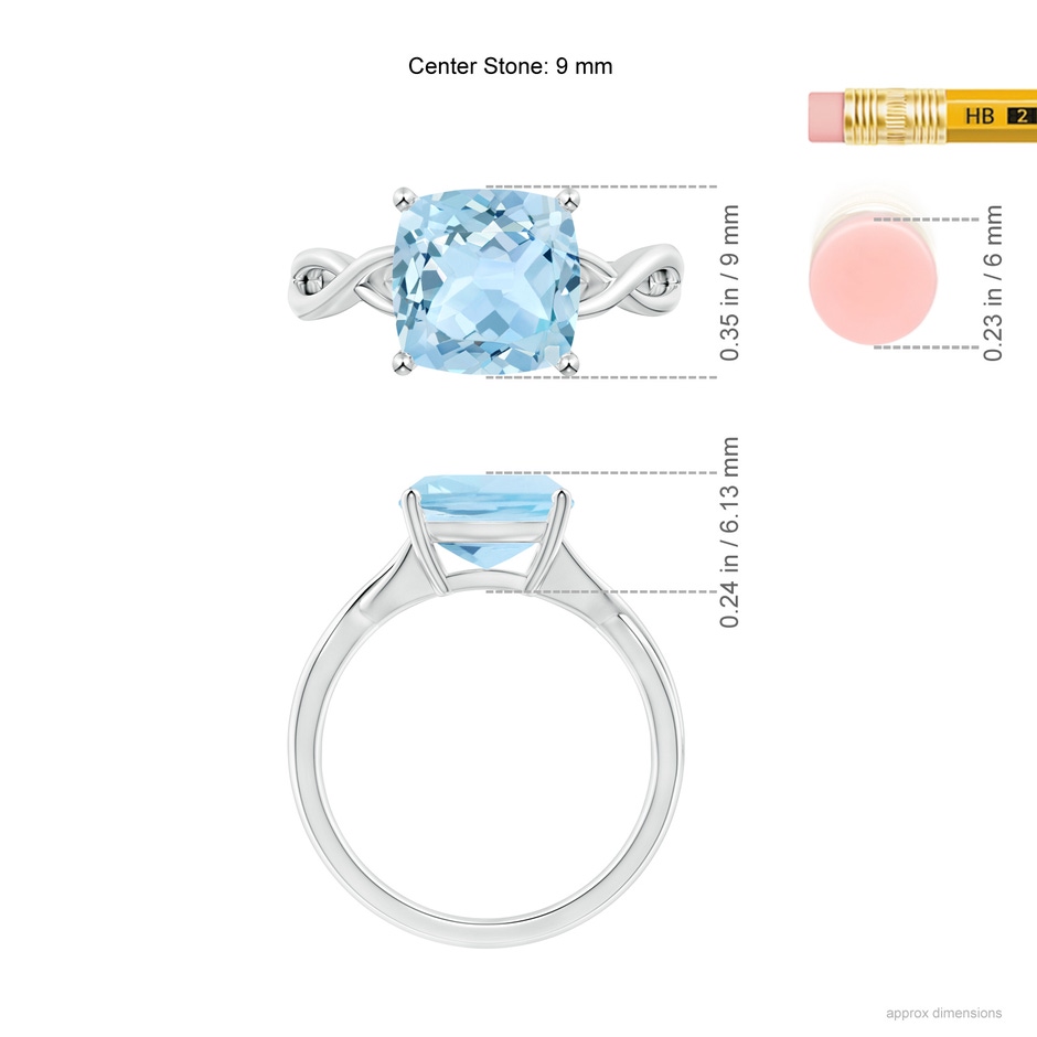 9mm AAA Claw-Set Cushion Aquamarine Solitaire Engagement Ring in 18K White Gold ruler