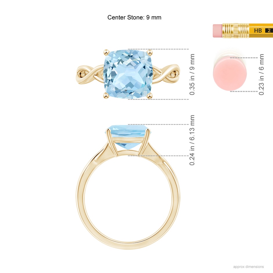 9mm AAA Claw-Set Cushion Aquamarine Solitaire Engagement Ring in 18K Yellow Gold ruler