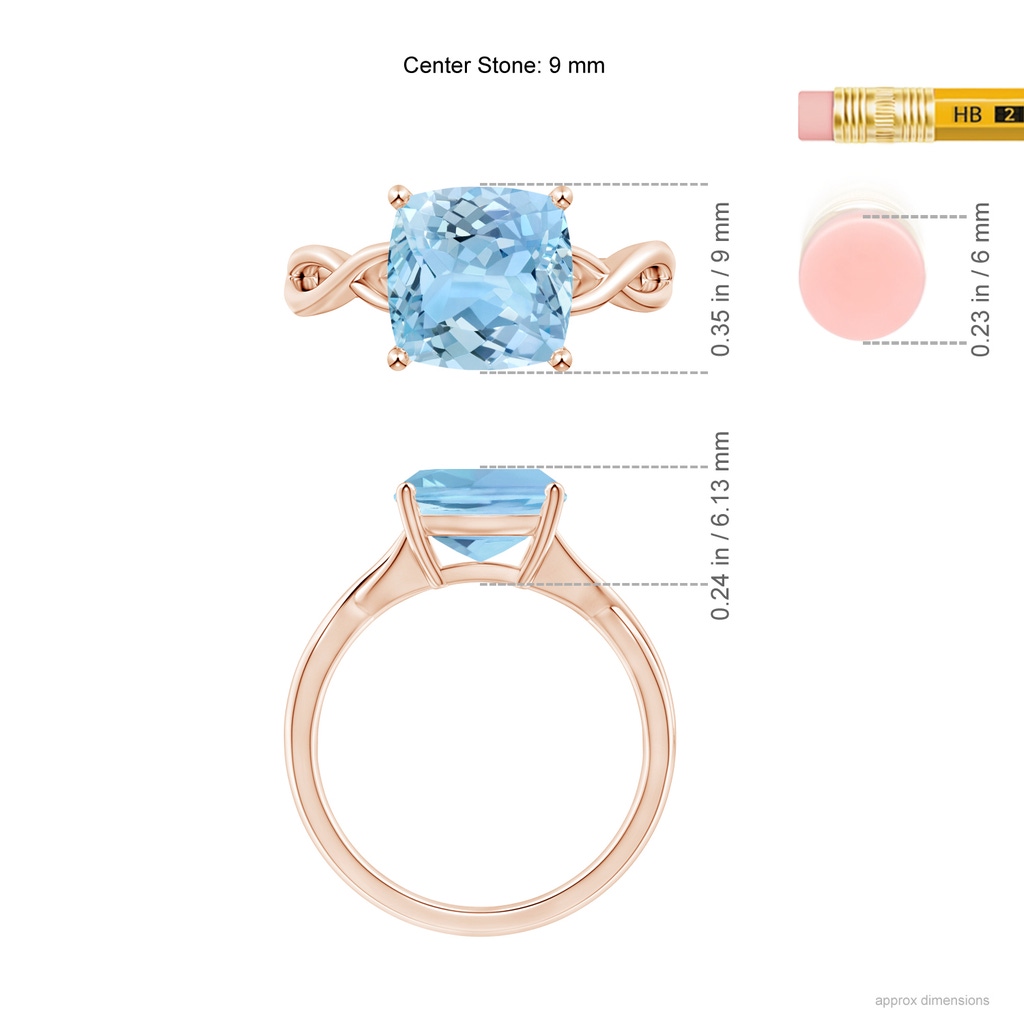 9mm AAAA Claw-Set Cushion Aquamarine Solitaire Engagement Ring in Rose Gold Ruler