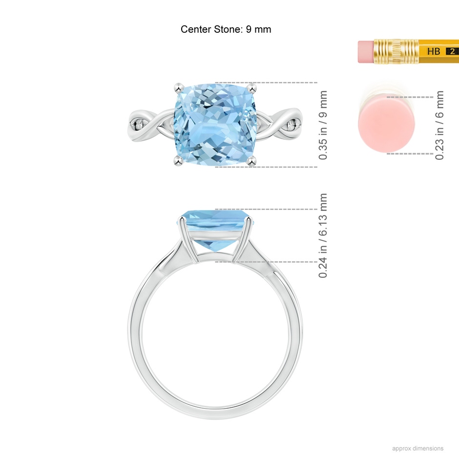 9mm AAAA Claw-Set Cushion Aquamarine Solitaire Engagement Ring in White Gold ruler