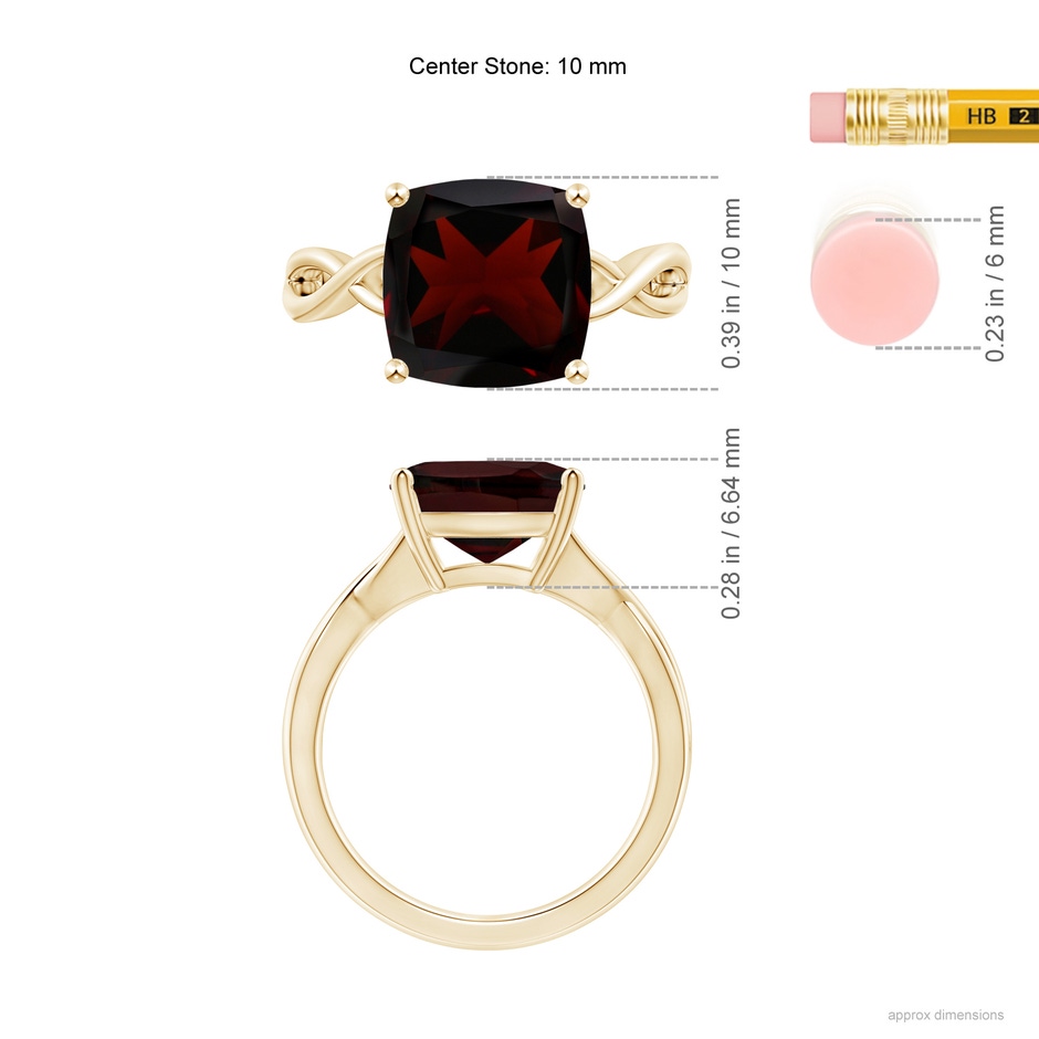 10mm A Claw-Set Cushion Garnet Solitaire Engagement Ring in 18K Yellow Gold ruler