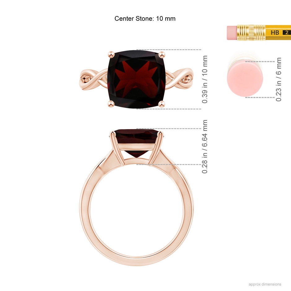 10mm A Claw-Set Cushion Garnet Solitaire Engagement Ring in Rose Gold ruler
