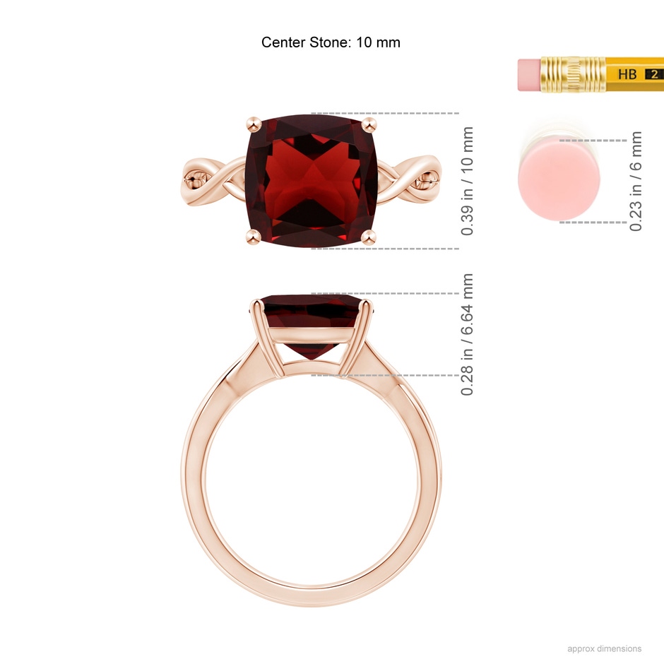 10mm AAA Claw-Set Cushion Garnet Solitaire Engagement Ring in 18K Rose Gold ruler