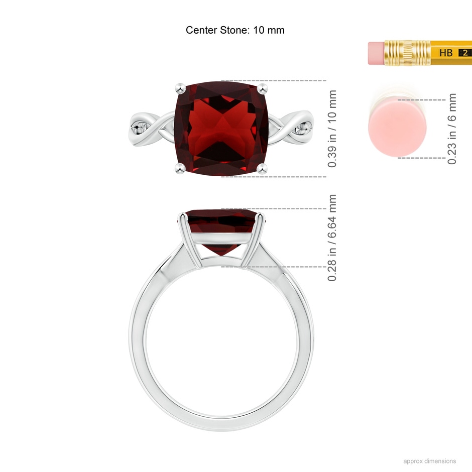 10mm AAA Claw-Set Cushion Garnet Solitaire Engagement Ring in 18K White Gold ruler