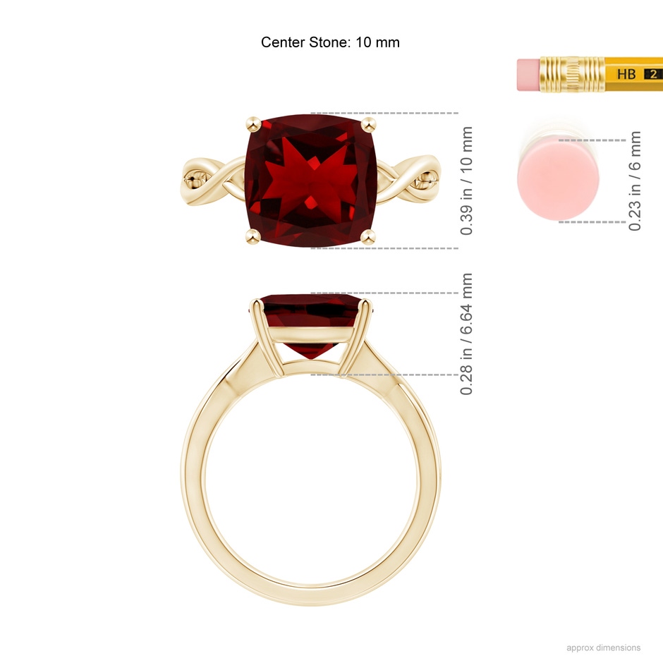 10mm AAAA Claw-Set Cushion Garnet Solitaire Engagement Ring in Yellow Gold ruler