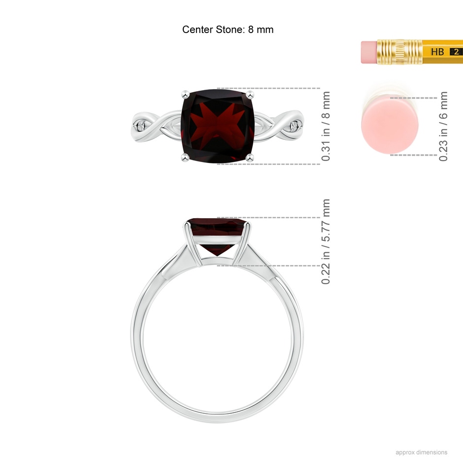 8mm A Claw-Set Cushion Garnet Solitaire Engagement Ring in P950 Platinum ruler