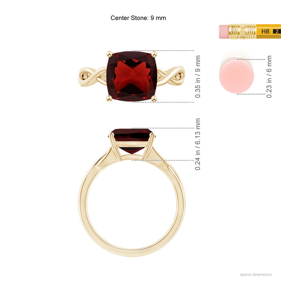 9mm AAA Claw-Set Cushion Garnet Solitaire Engagement Ring in Yellow Gold ruler