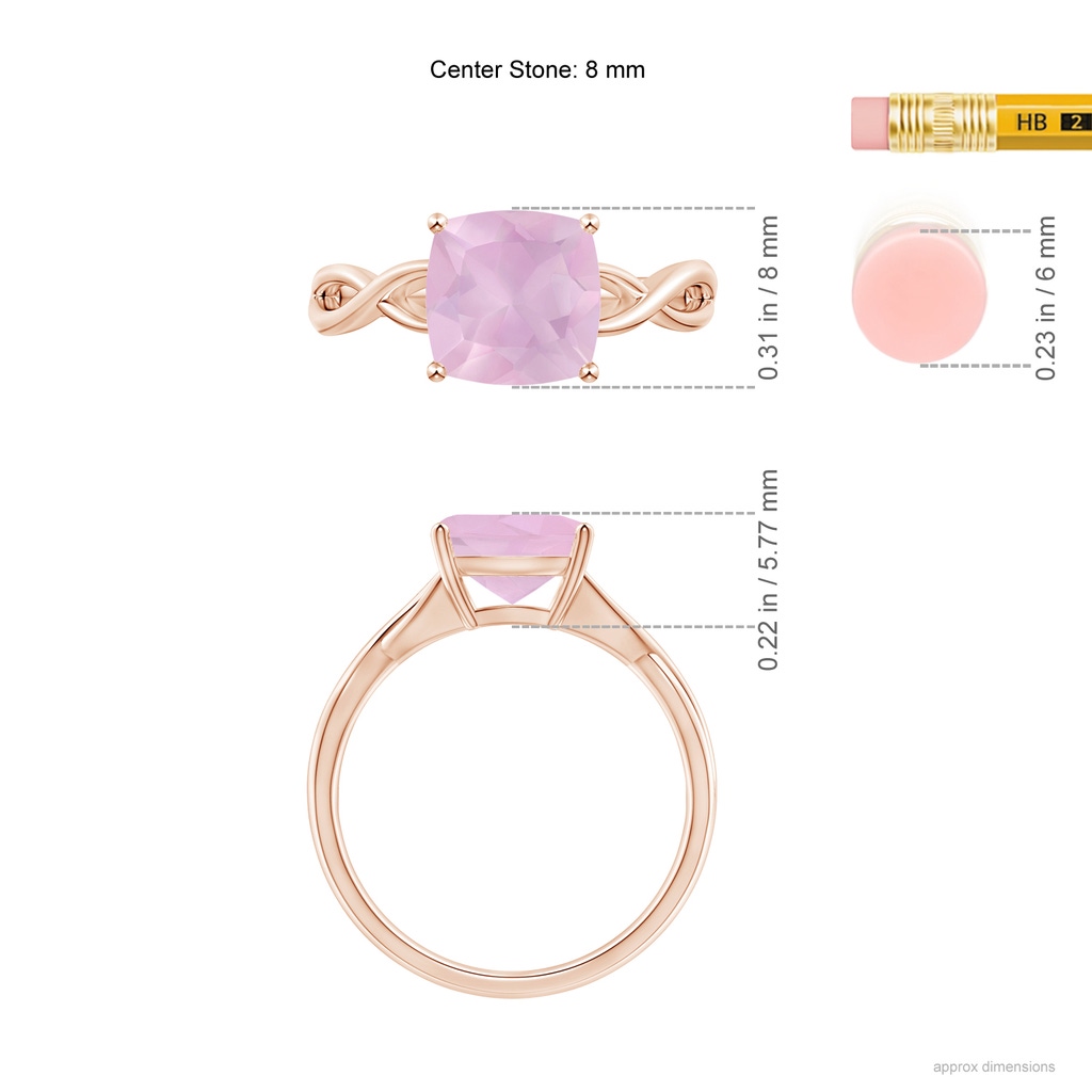 8mm AAAA Claw-Set Cushion Rose Quartz Solitaire Engagement Ring in Rose Gold Ruler