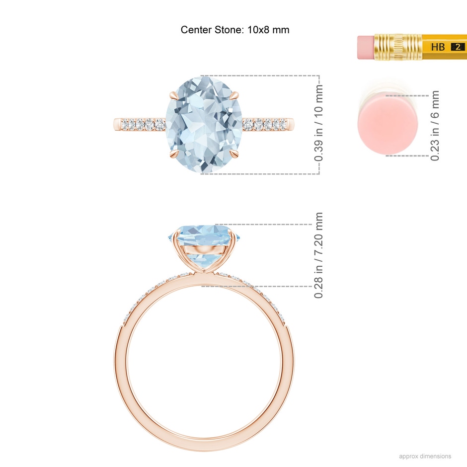 10x8mm A Claw-Set Oval Aquamarine Ring with Diamonds in Rose Gold ruler