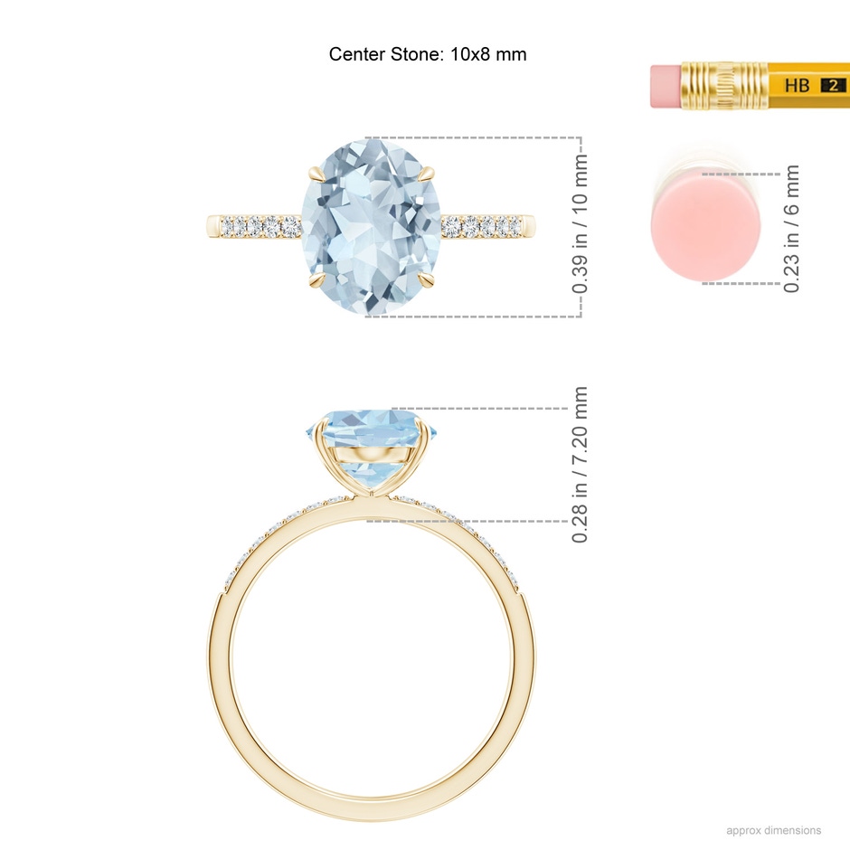 10x8mm A Claw-Set Oval Aquamarine Ring with Diamonds in Yellow Gold ruler