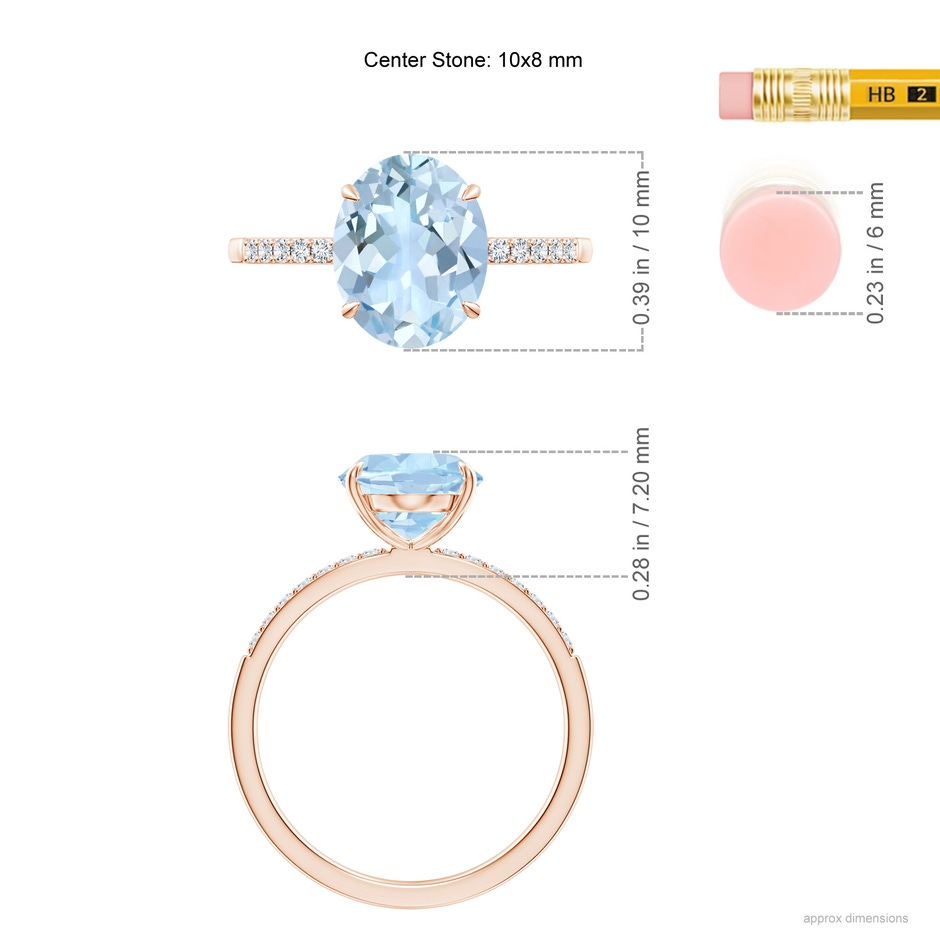 10x8mm AA Claw-Set Oval Aquamarine Ring with Diamonds in Rose Gold ruler