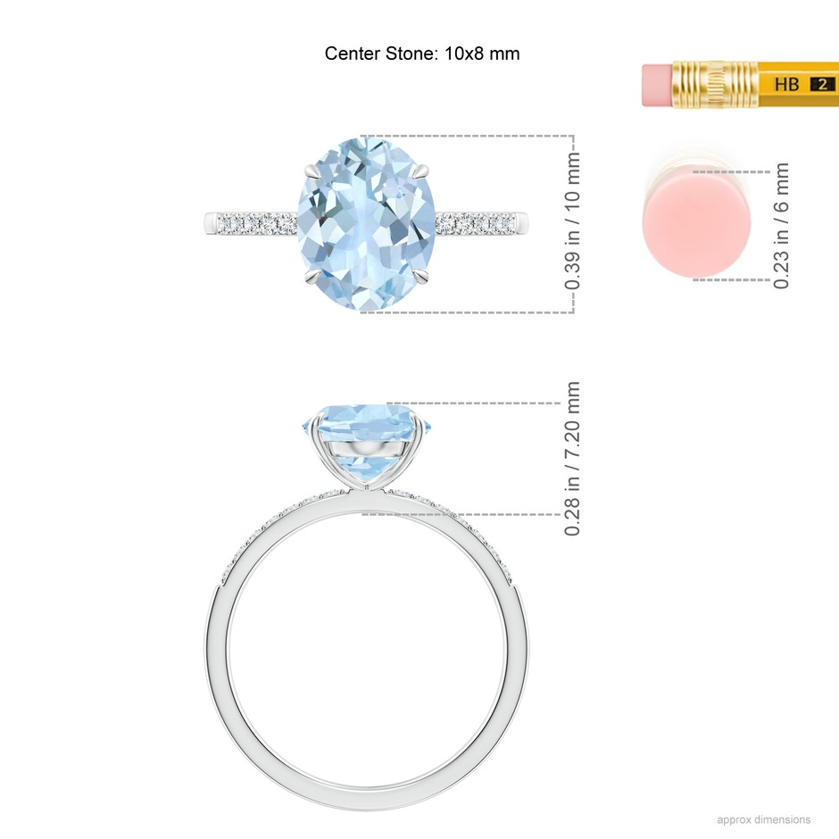 10x8mm AA Claw-Set Oval Aquamarine Ring with Diamonds in White Gold ruler