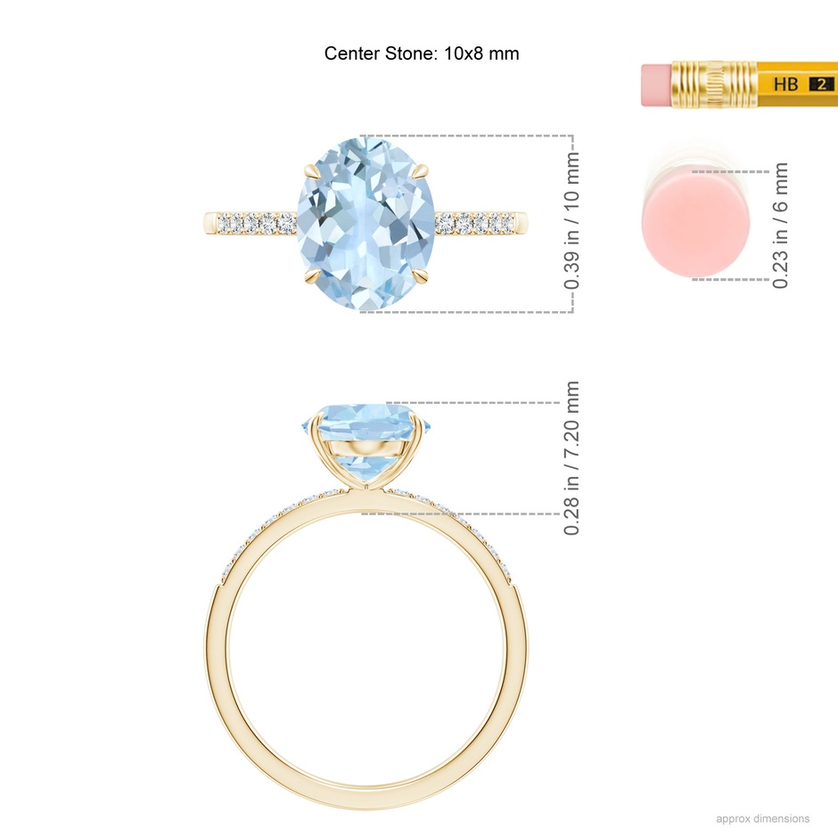 10x8mm AA Claw-Set Oval Aquamarine Ring with Diamonds in Yellow Gold ruler