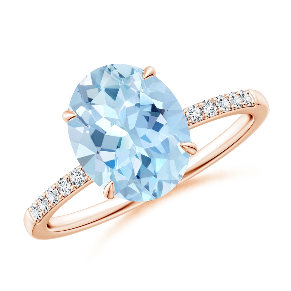 10x8mm AAA Claw-Set Oval Aquamarine Ring with Diamonds in Rose Gold 