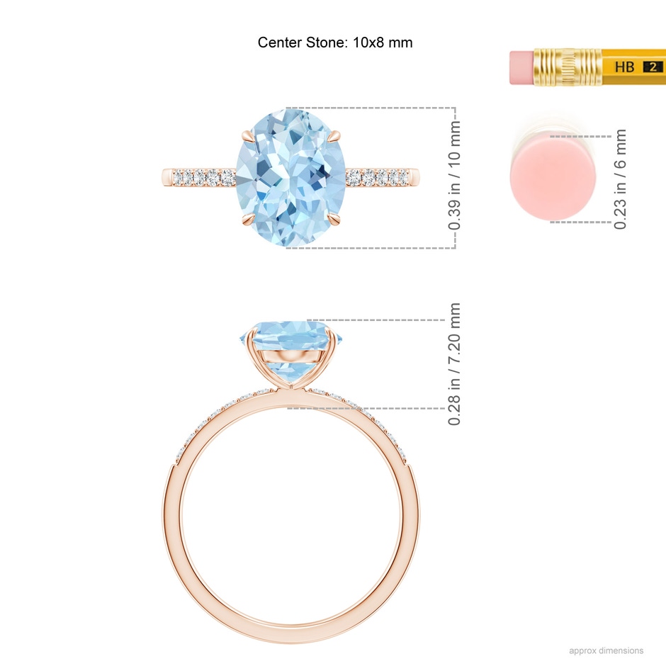 10x8mm AAA Claw-Set Oval Aquamarine Ring with Diamonds in Rose Gold ruler