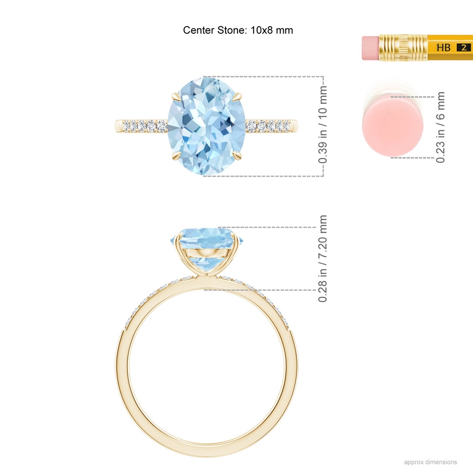 10x8mm AAA Claw-Set Oval Aquamarine Ring with Diamonds in Yellow Gold ruler
