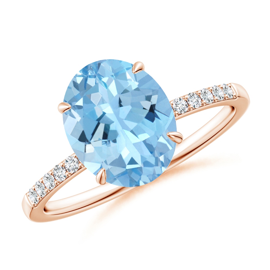 10x8mm AAAA Claw-Set Oval Aquamarine Ring with Diamonds in Rose Gold 