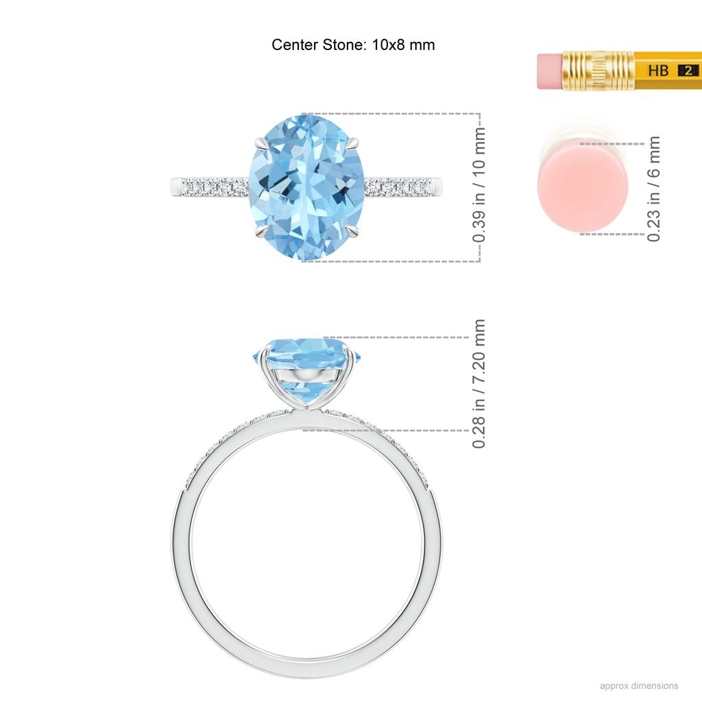 10x8mm AAAA Claw-Set Oval Aquamarine Ring with Diamonds in White Gold Ruler