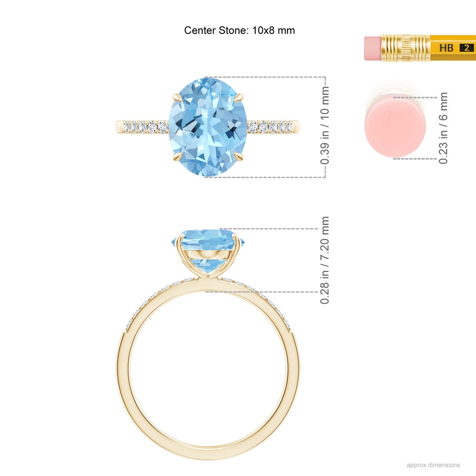 10x8mm AAAA Claw-Set Oval Aquamarine Ring with Diamonds in Yellow Gold ruler