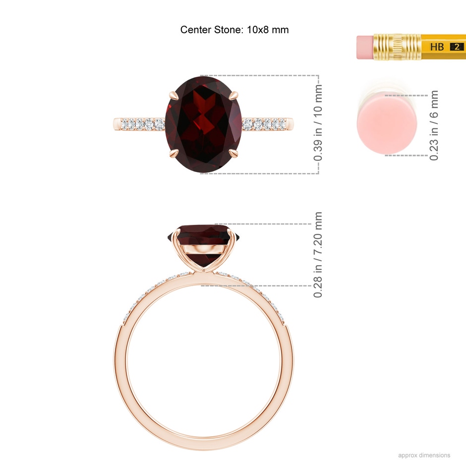 10x8mm A Claw-Set Oval Garnet Ring with Diamonds in Rose Gold ruler