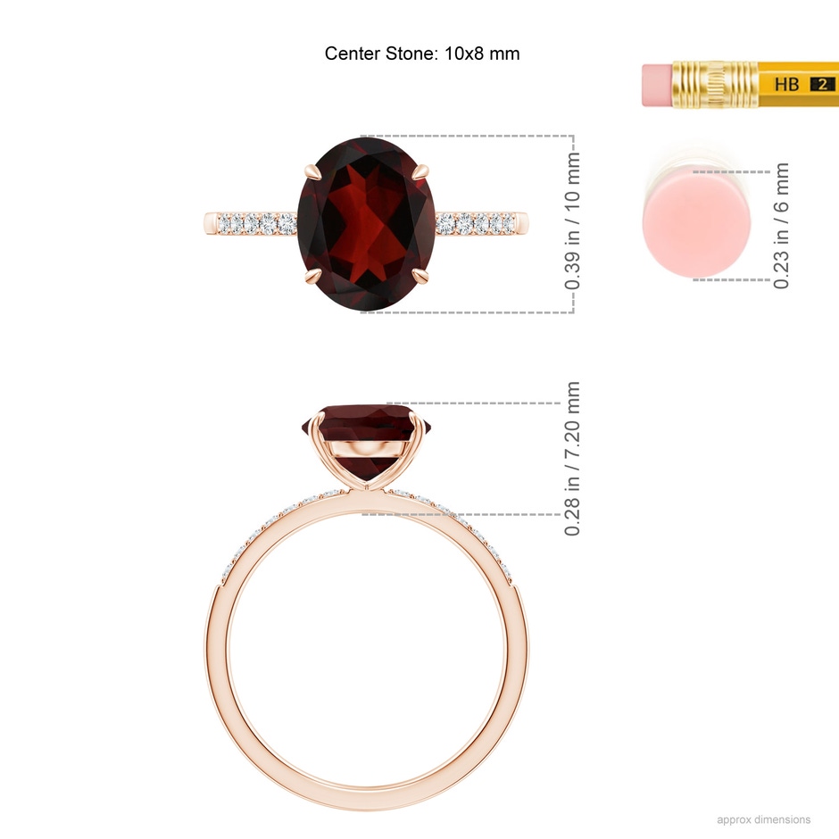 10x8mm AA Claw-Set Oval Garnet Ring with Diamonds in Rose Gold ruler