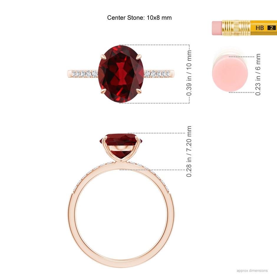 10x8mm AAAA Claw-Set Oval Garnet Ring with Diamonds in Rose Gold ruler