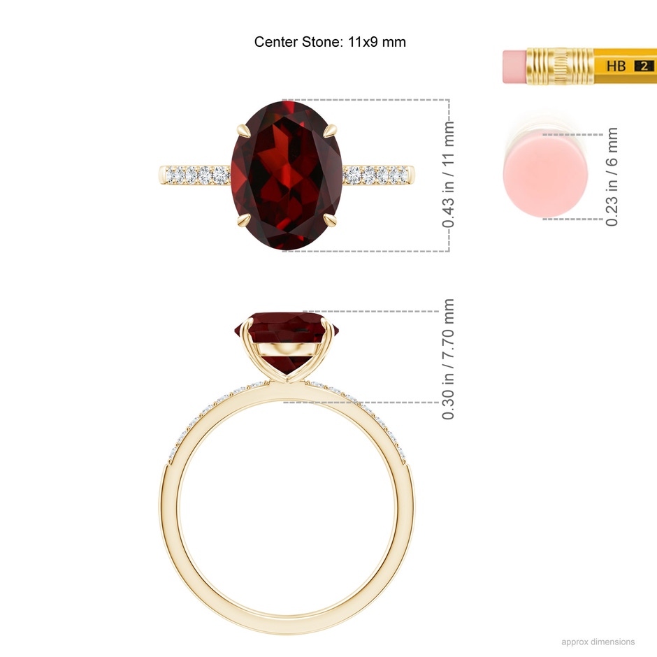 11x9mm AAA Claw-Set Oval Garnet Ring with Diamonds in Yellow Gold ruler