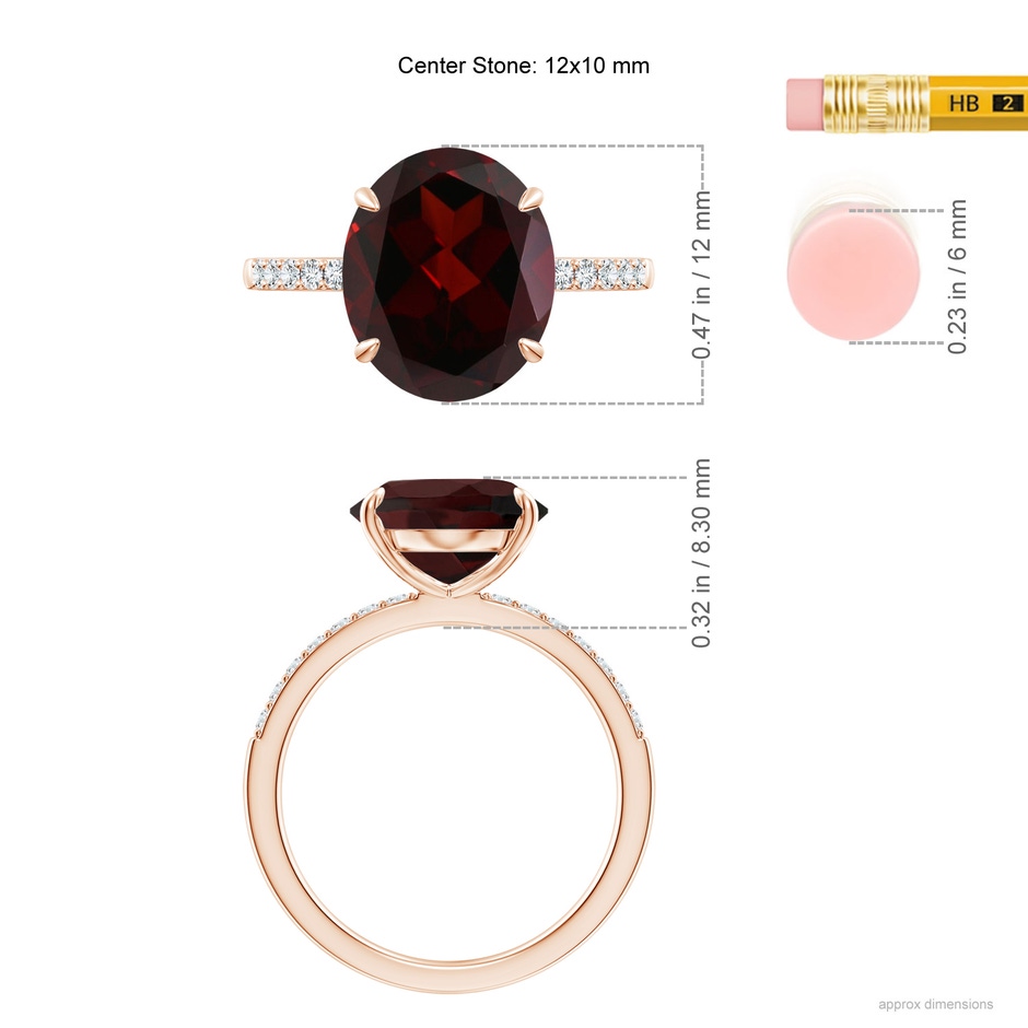 12x10mm A Claw-Set Oval Garnet Ring with Diamonds in Rose Gold ruler