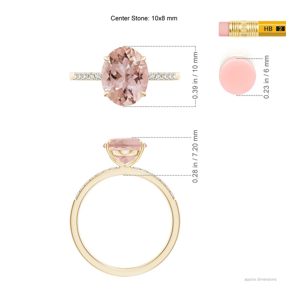 10x8mm AAA Claw-Set Oval Morganite Ring with Diamonds in Yellow Gold ruler