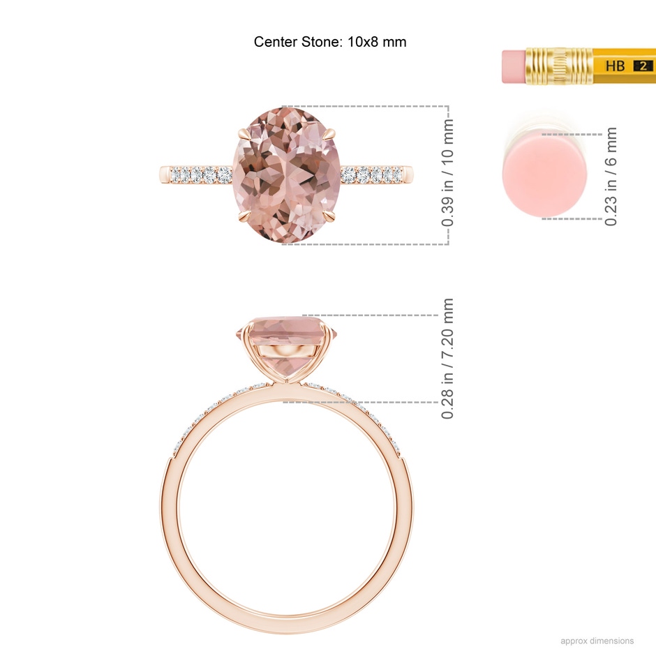 10x8mm AAAA Claw-Set Oval Morganite Ring with Diamonds in Rose Gold ruler