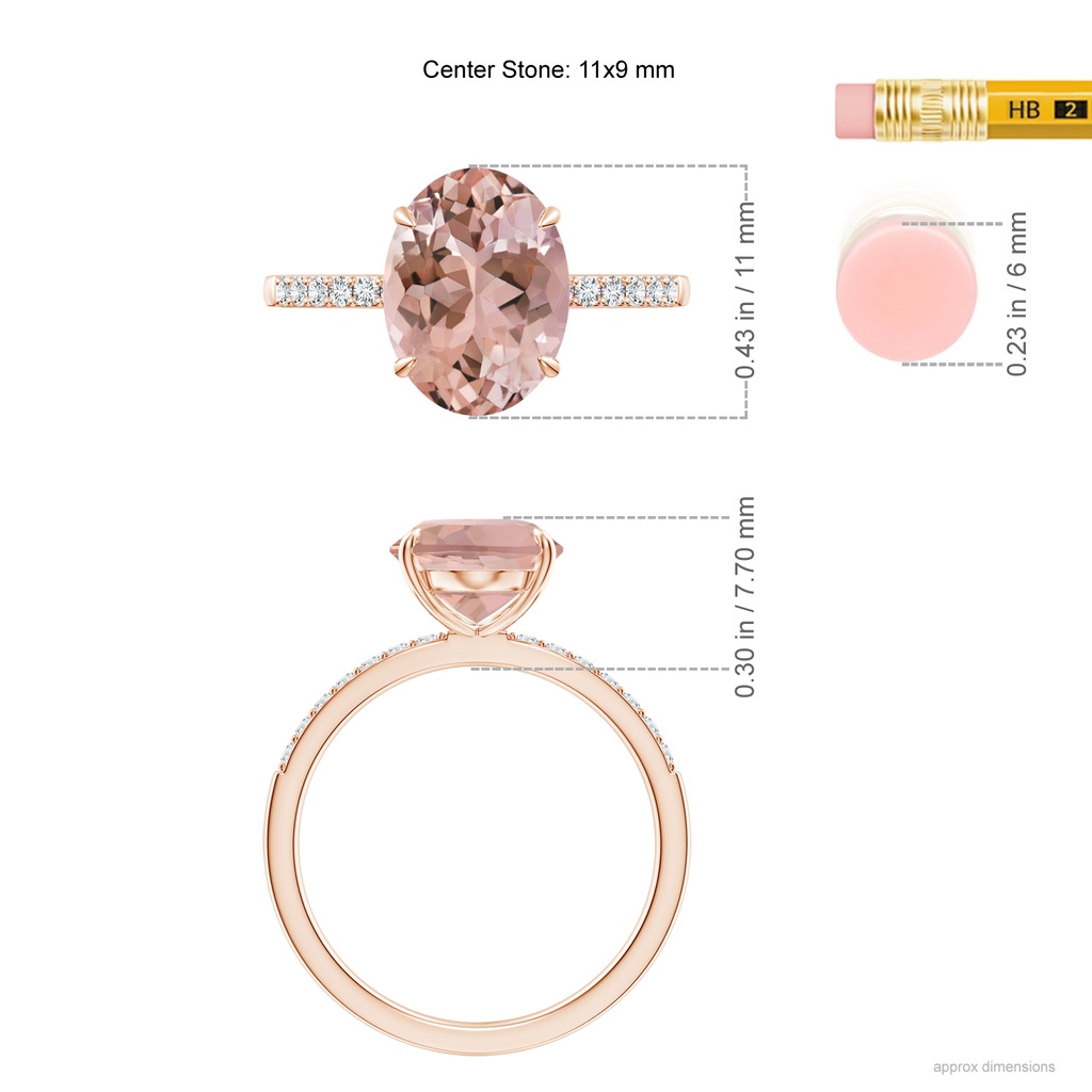 11x9mm AAAA Claw-Set Oval Morganite Ring with Diamonds in Rose Gold Ruler