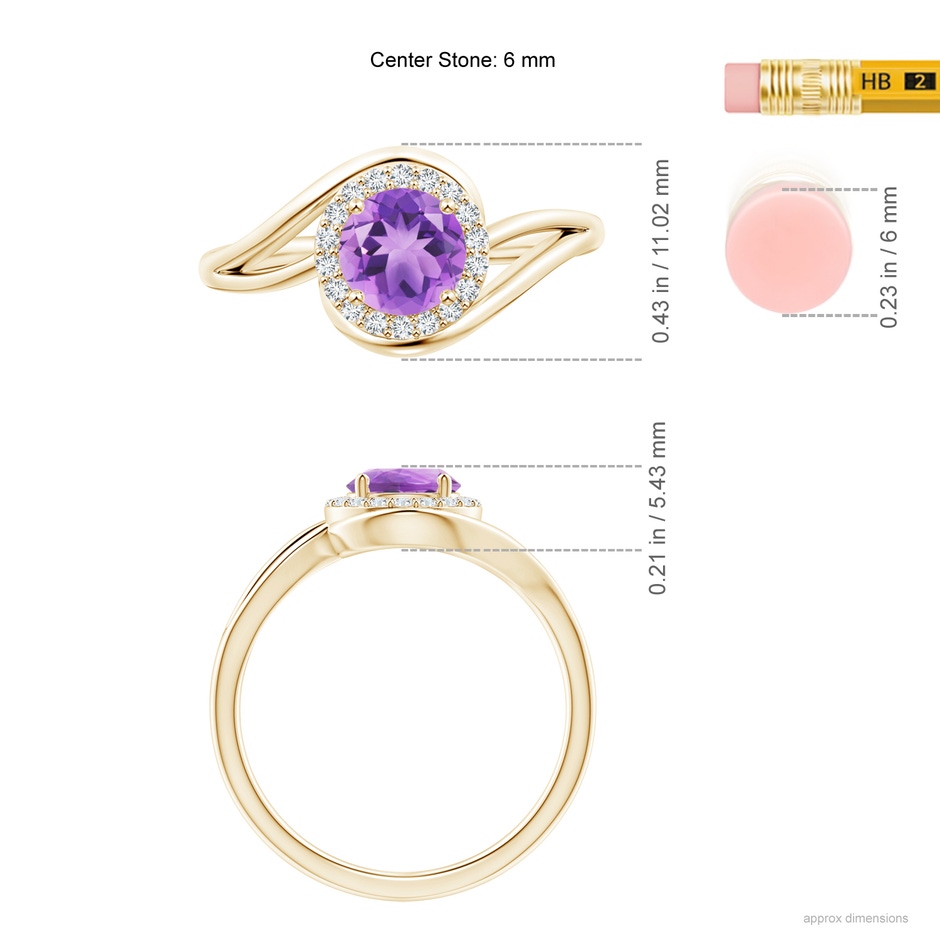 6mm A Amethyst Bypass Engagement Ring with Diamond Halo in Yellow Gold ruler