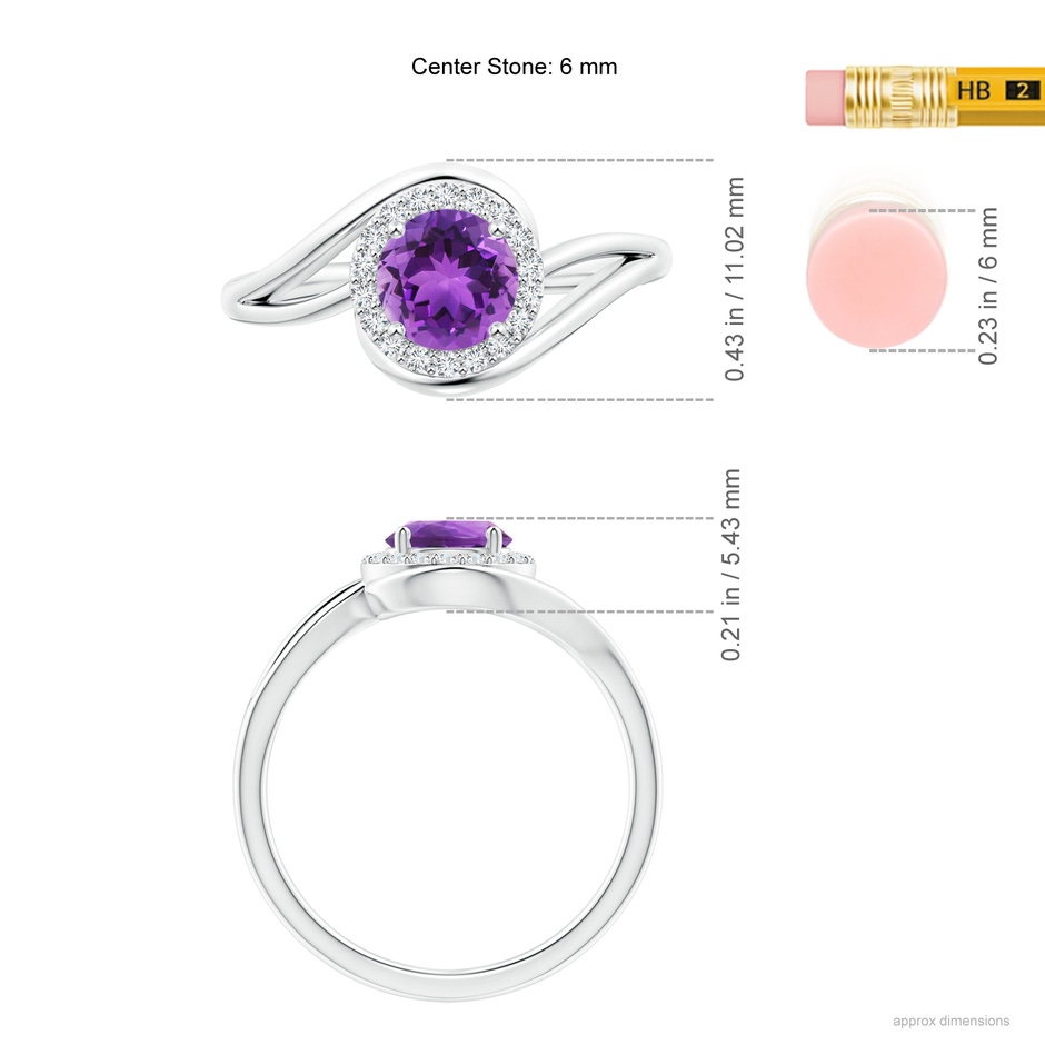 6mm AAA Amethyst Bypass Engagement Ring with Diamond Halo in White Gold ruler