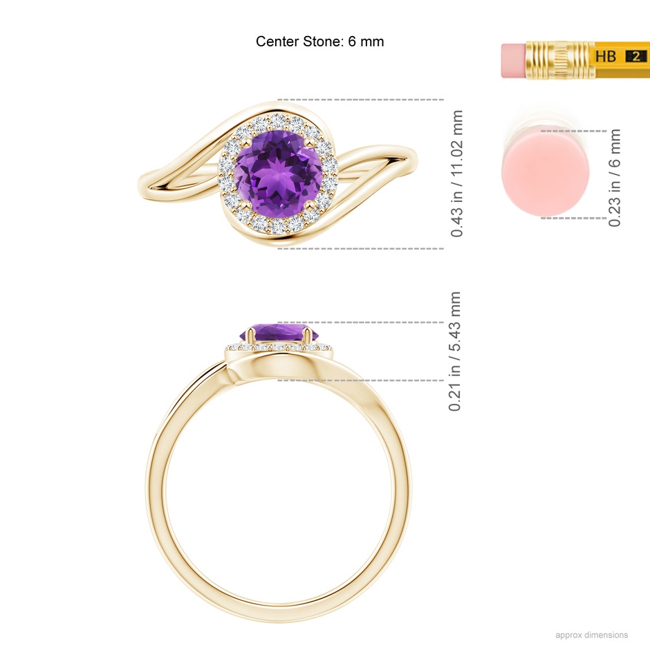 6mm AAA Amethyst Bypass Engagement Ring with Diamond Halo in Yellow Gold ruler