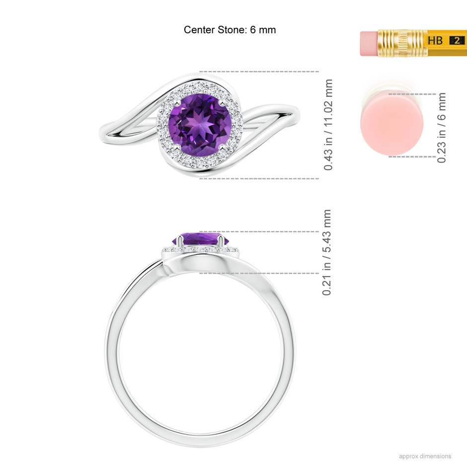 6mm AAAA Amethyst Bypass Engagement Ring with Diamond Halo in White Gold ruler