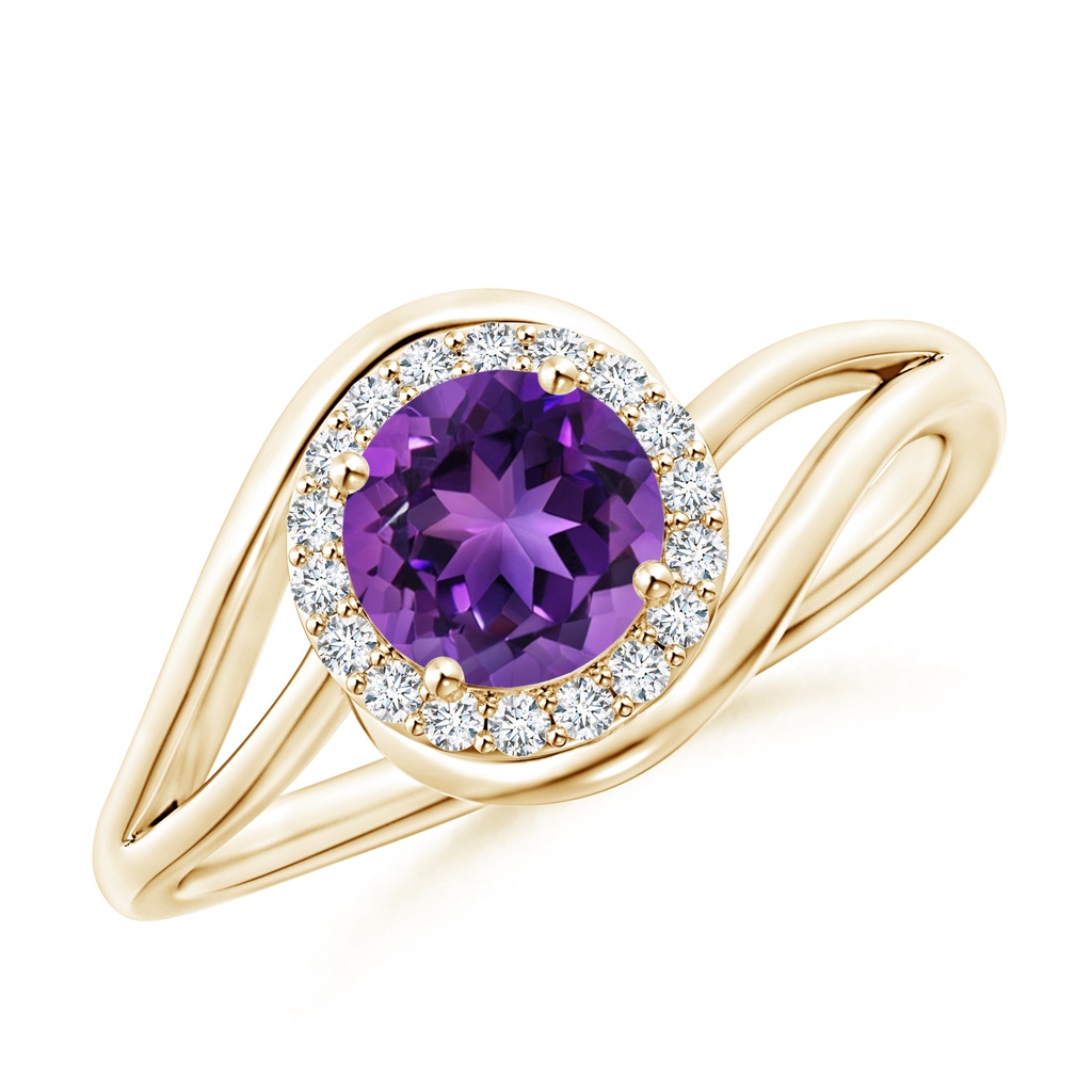 6mm AAAA Amethyst Bypass Engagement Ring with Diamond Halo in Yellow Gold