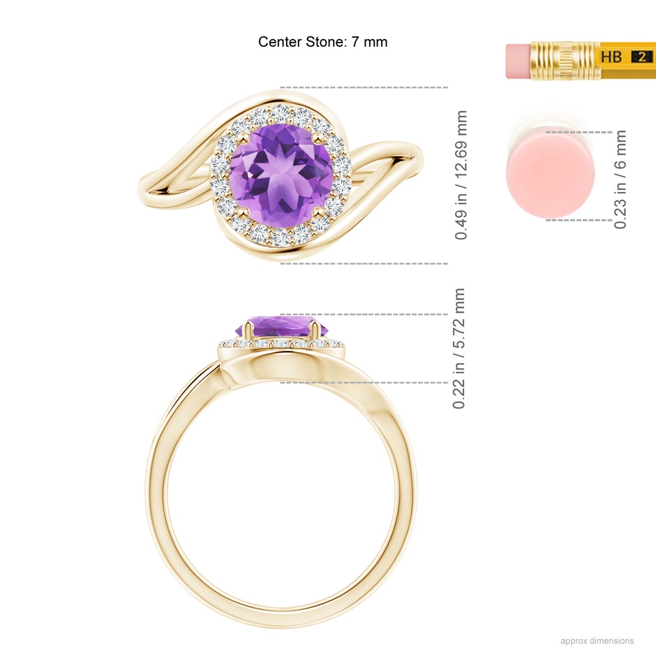 7mm A Amethyst Bypass Engagement Ring with Diamond Halo in Yellow Gold ruler