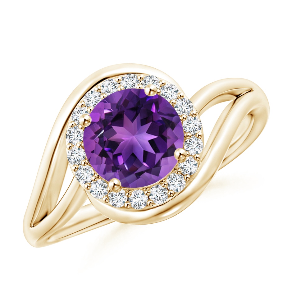 7mm AAAA Amethyst Bypass Engagement Ring with Diamond Halo in Yellow Gold 