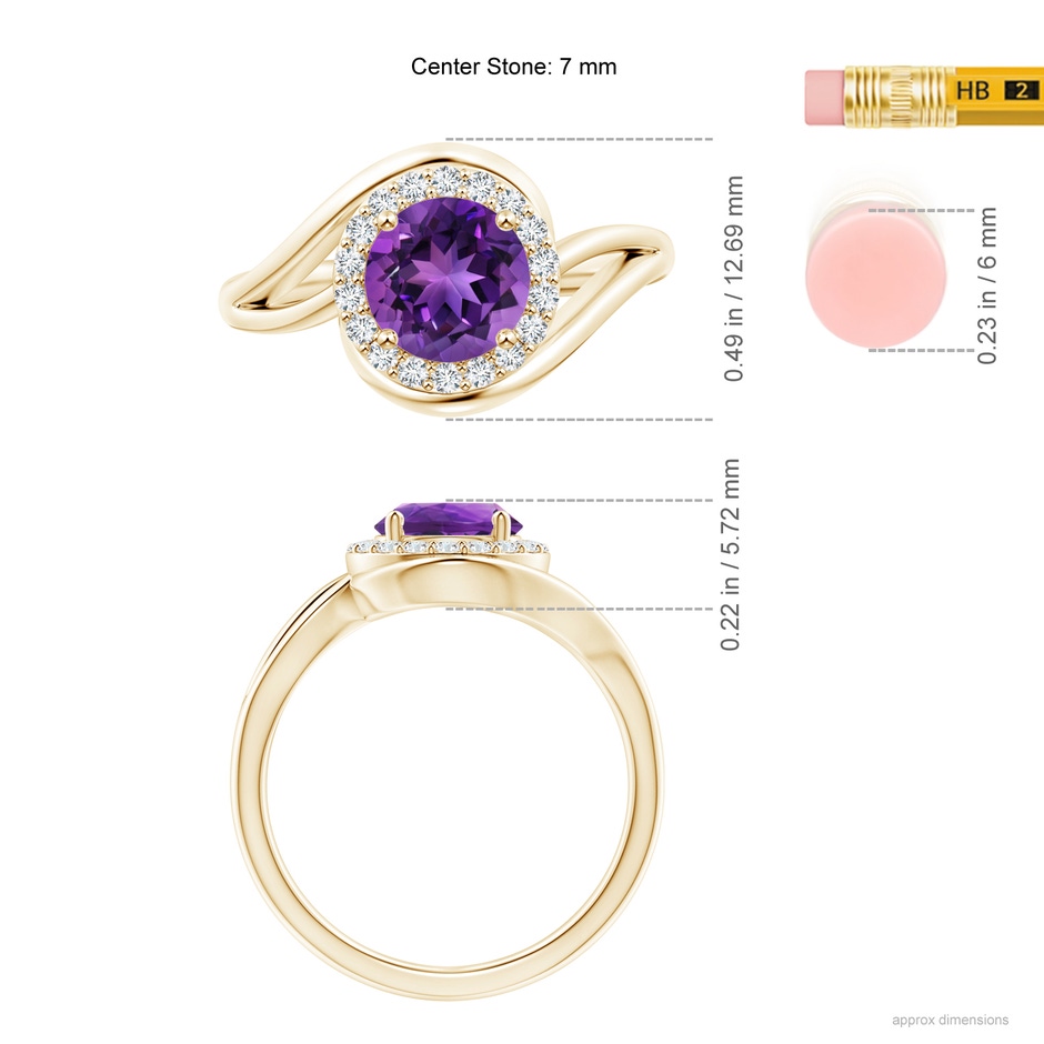 7mm AAAA Amethyst Bypass Engagement Ring with Diamond Halo in Yellow Gold ruler