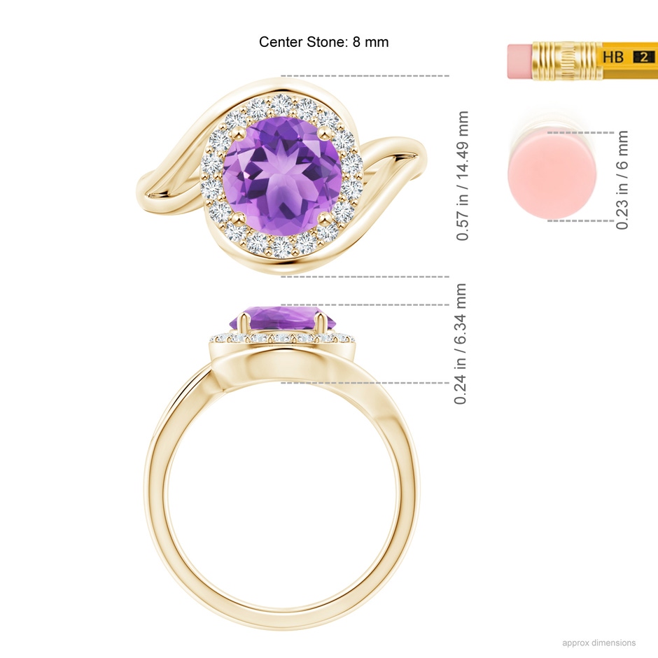 8mm A Amethyst Bypass Engagement Ring with Diamond Halo in Yellow Gold ruler
