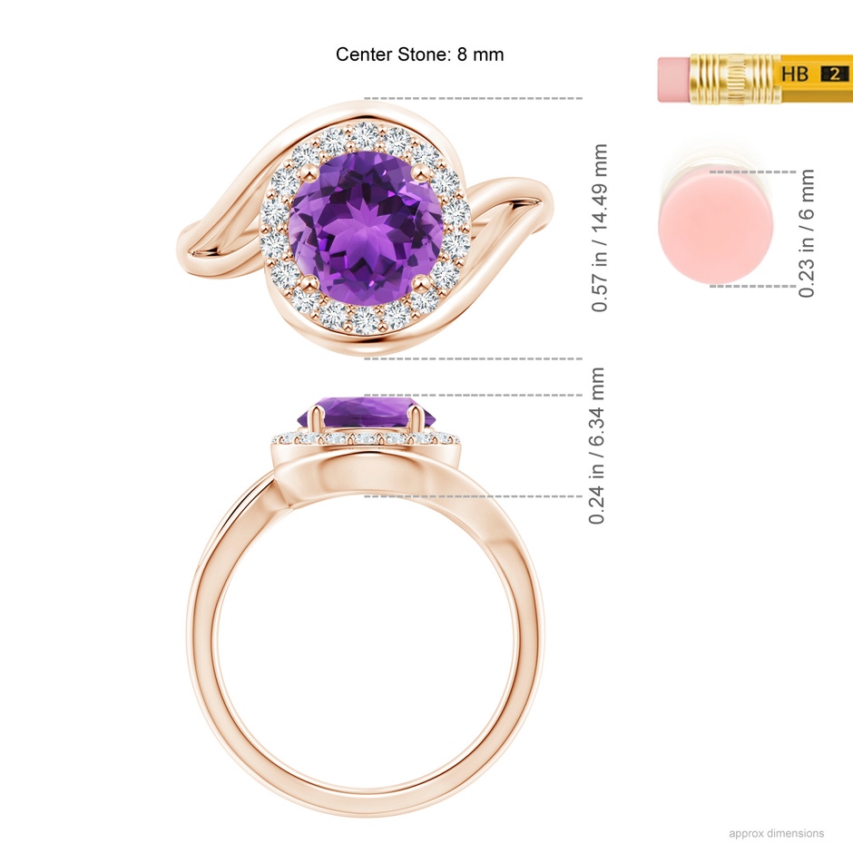 8mm AAA Amethyst Bypass Engagement Ring with Diamond Halo in Rose Gold ruler