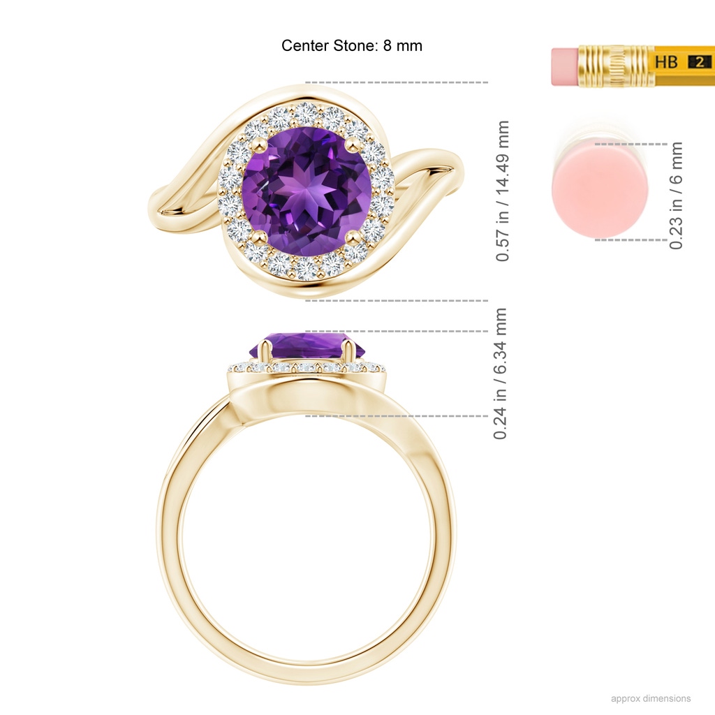 8mm AAAA Amethyst Bypass Engagement Ring with Diamond Halo in Yellow Gold Ruler