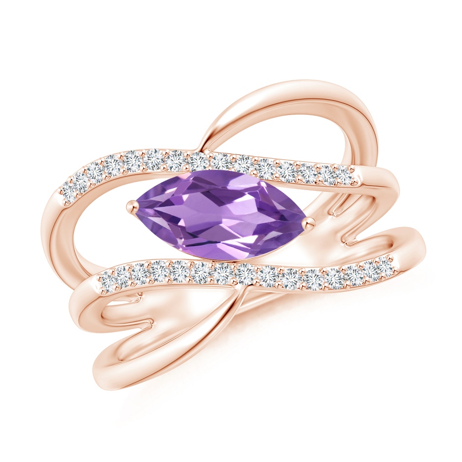 10x5mm A Diagonal Marquise Amethyst Ribbon Shank Ring in Rose Gold 