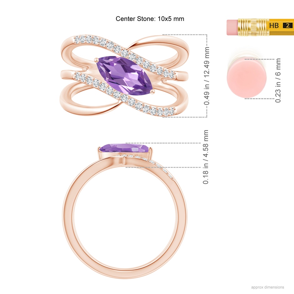 10x5mm A Diagonal Marquise Amethyst Ribbon Shank Ring in Rose Gold ruler