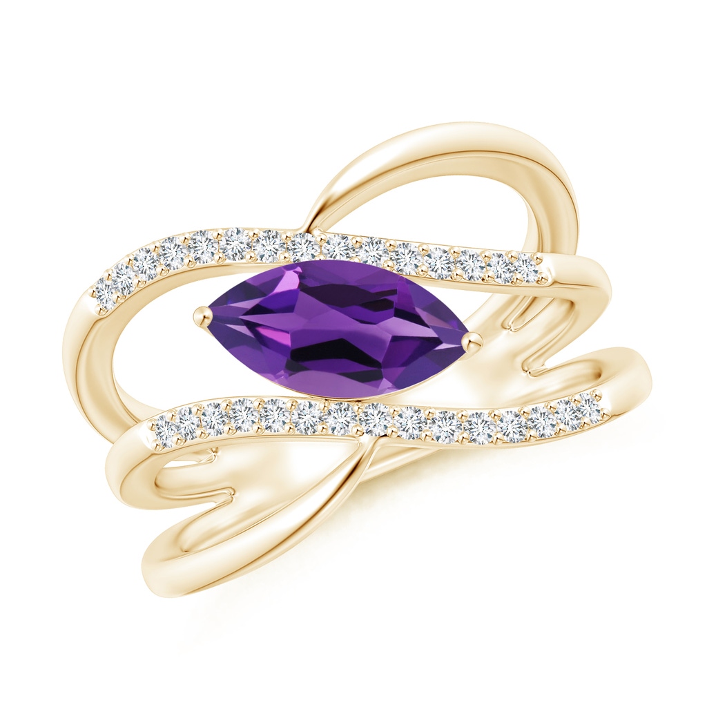 10x5mm AAAA Diagonal Marquise Amethyst Ribbon Shank Ring in Yellow Gold